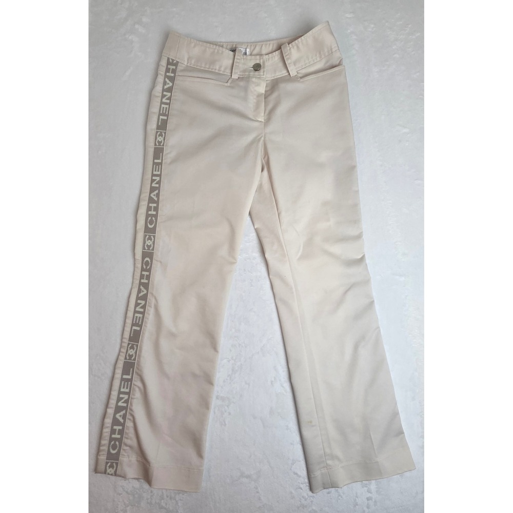 CHANEL Cream Logo-Stripe Trousers